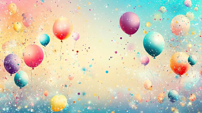 Colorful New Year celebration background with confetti, sparkling lights, and balloons floating against a gradient sky.