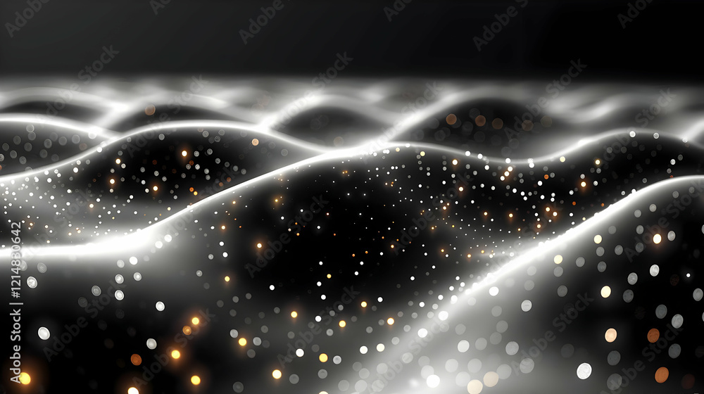 Poster abstract background with glowing particles and dynamic waves forms an elegant design gracefully.
