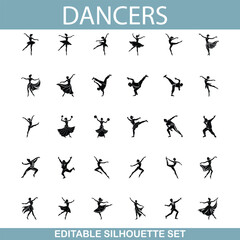 Editable Silhouette Set Diverse Dancers in Various Poses