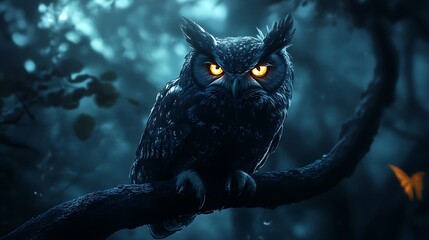 A sinister owl demon perched on a dark branch with piercing glowing eyes