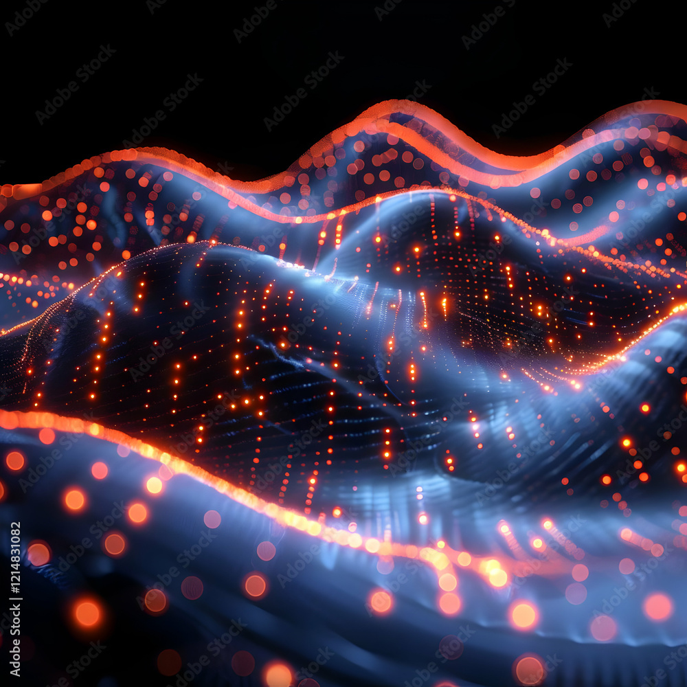 Poster Abstract 3D Background with Wavy Surface and Glowing Dots Creates a Dynamic Visual