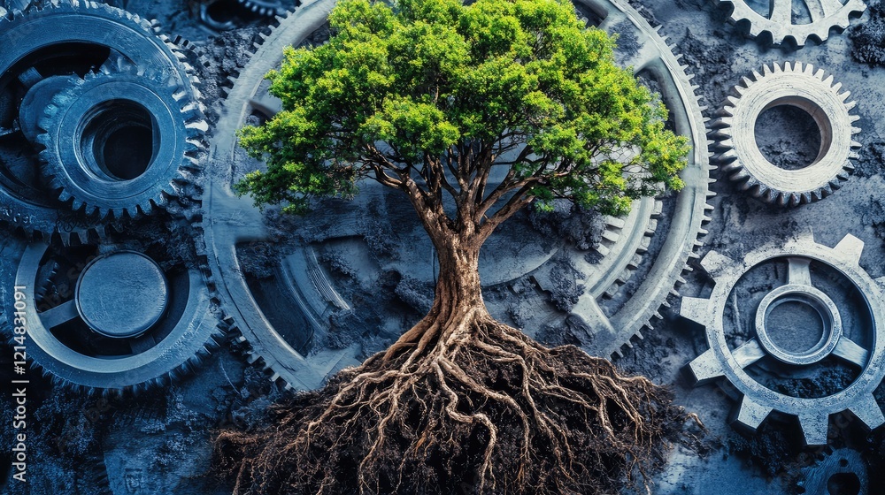 Poster a dynamic tree growing atop gears and circuits, with roots interlaced into both, visualizing leaders
