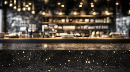 Dark marble counter with blurred restaurant backdrop, bokeh lighting effect for contemporary product display.