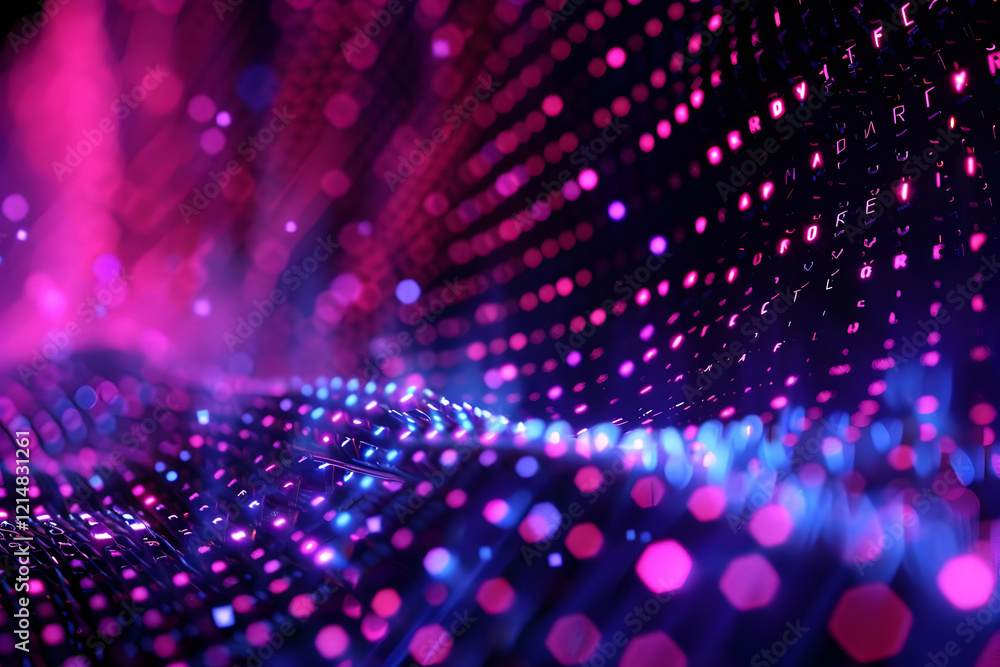 Poster abstract keyboard background illuminates with pink and blue lights and floating letters