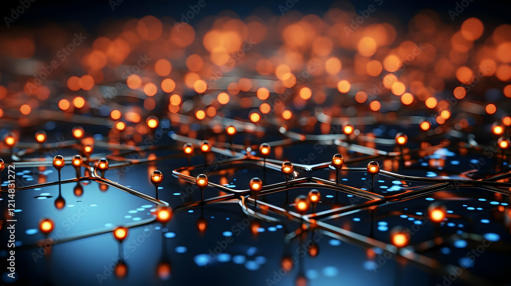 Aufkleber 3d render of abstract circuit board with glowing orange nodes connecting futuristically on dark blue