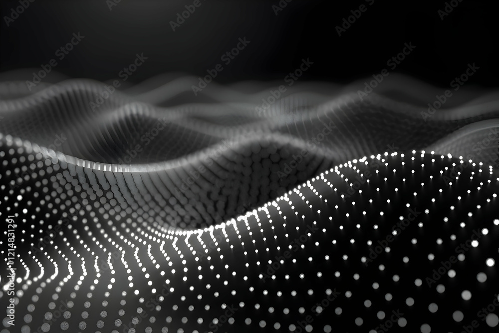 Poster Abstract 3D landscape forms a wavy pattern of glowing dots smoothly on a dark background.