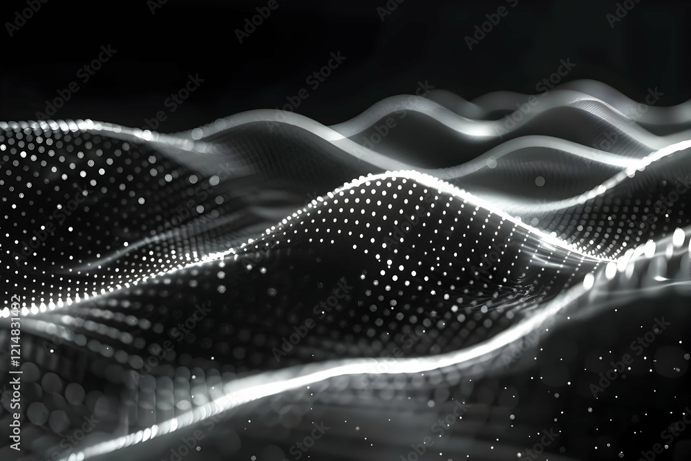 Poster Abstract 3D Background with Glowing White Particles Flowing Smoothly Over Dark Surface