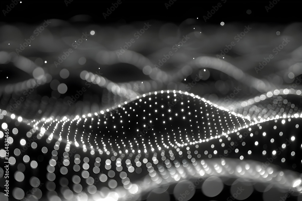 Poster abstract background with glowing particles forms smooth wavy surface on black background.