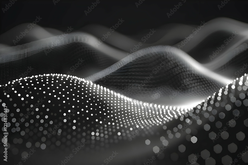 Poster abstract 3d background forms a flowing landscape with glowing dots and a dark background, smoothly.
