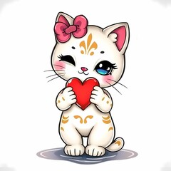 Cute cartoon cat character holding a red heart in a playful pose with a pink bow on its head. Generative AI