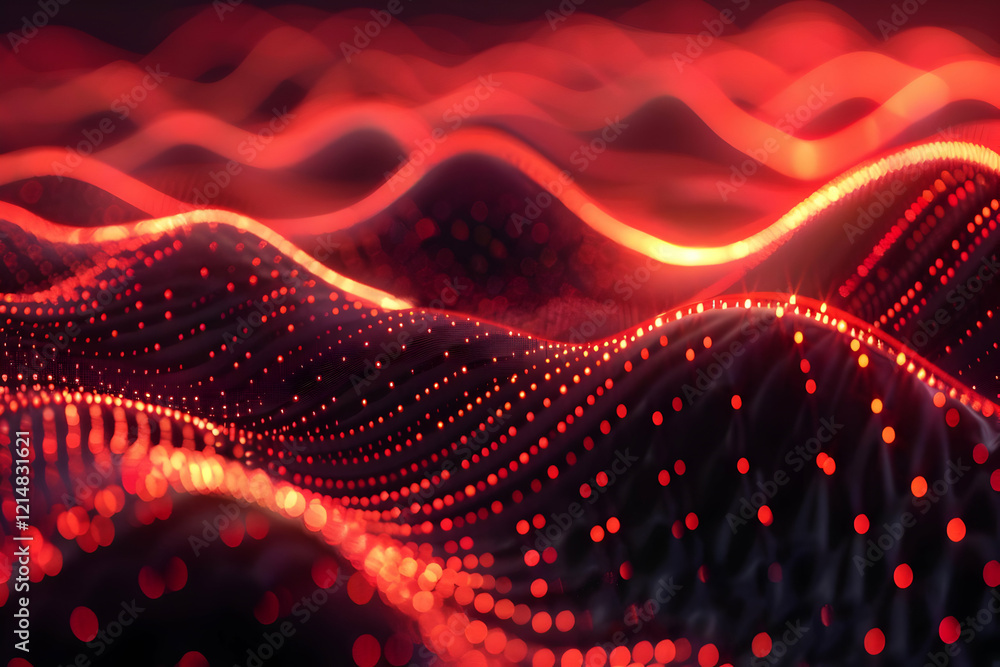 Poster abstract red wave pattern flows smoothly across a dark background with glowing dots.