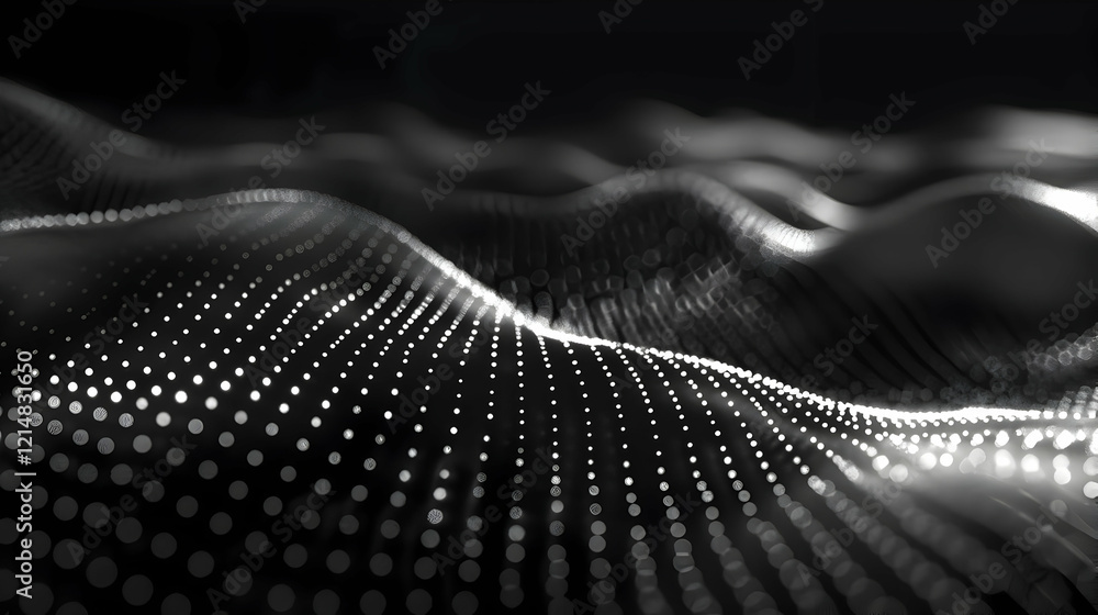 Poster abstract black and white background with glowing dots forms a wavy pattern.