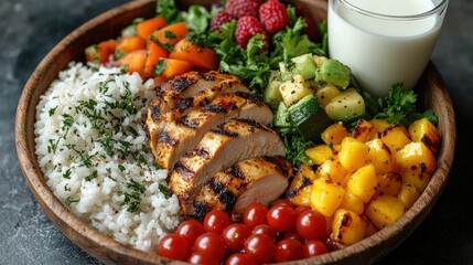 Top View of Healthy Food Plate Featuring Grilled Chicken and Greens