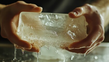 Fototapeta premium Hands holding a melting ice block in a kitchen setting.