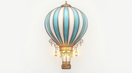 Obraz premium A vintage hot air balloon floating gracefully, featuring beautiful blue and white stripes and ornate details, representing adventure and exploration.