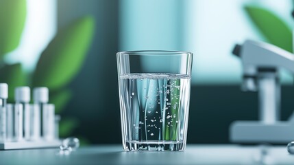 Clear water in a cup of glass with mixed microplastic and display it on table in laboratory. Concept of scientific drink research and environmental study. Modern lab equipment is in the background.