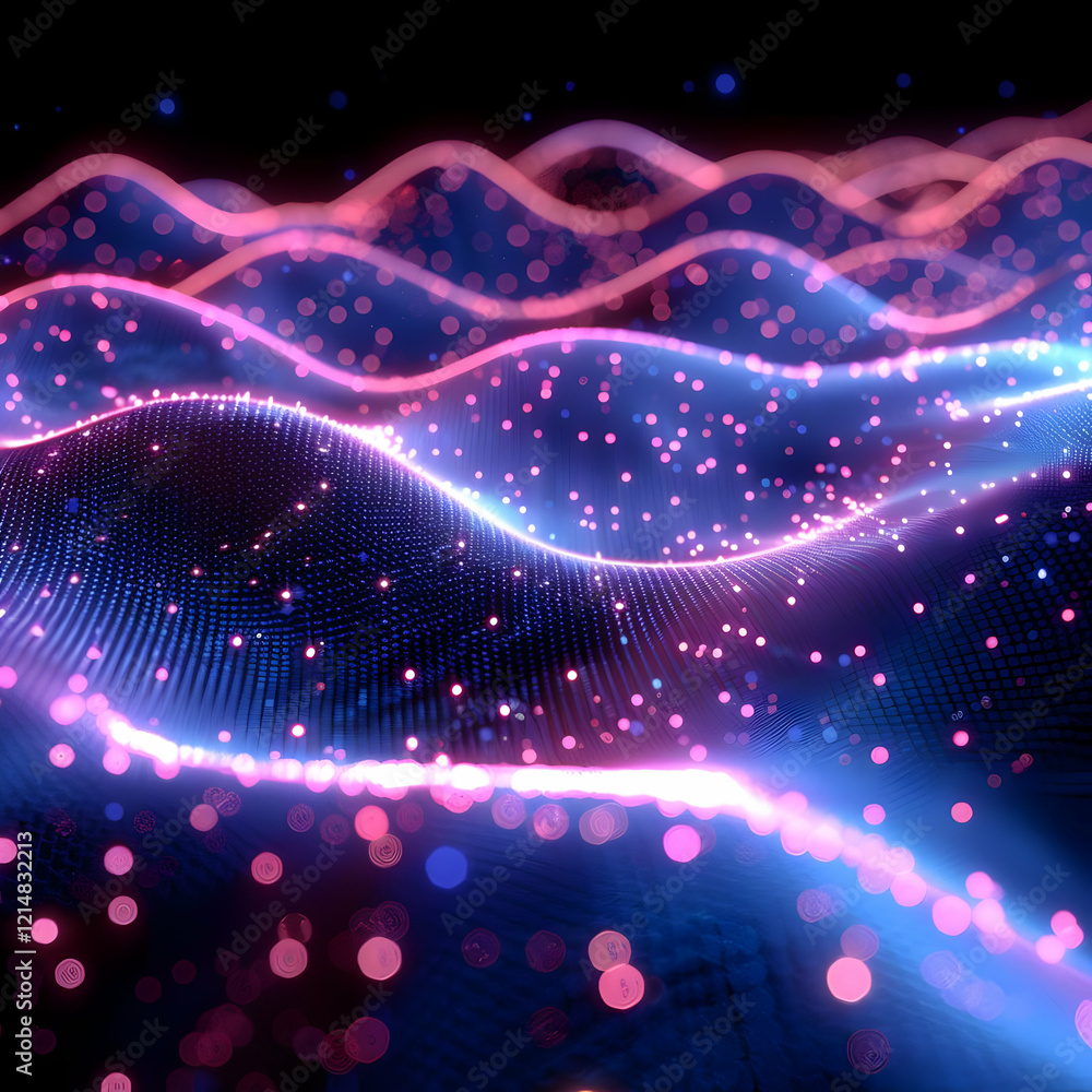Poster abstract background flows with pink and blue particles dynamically across a dark background.