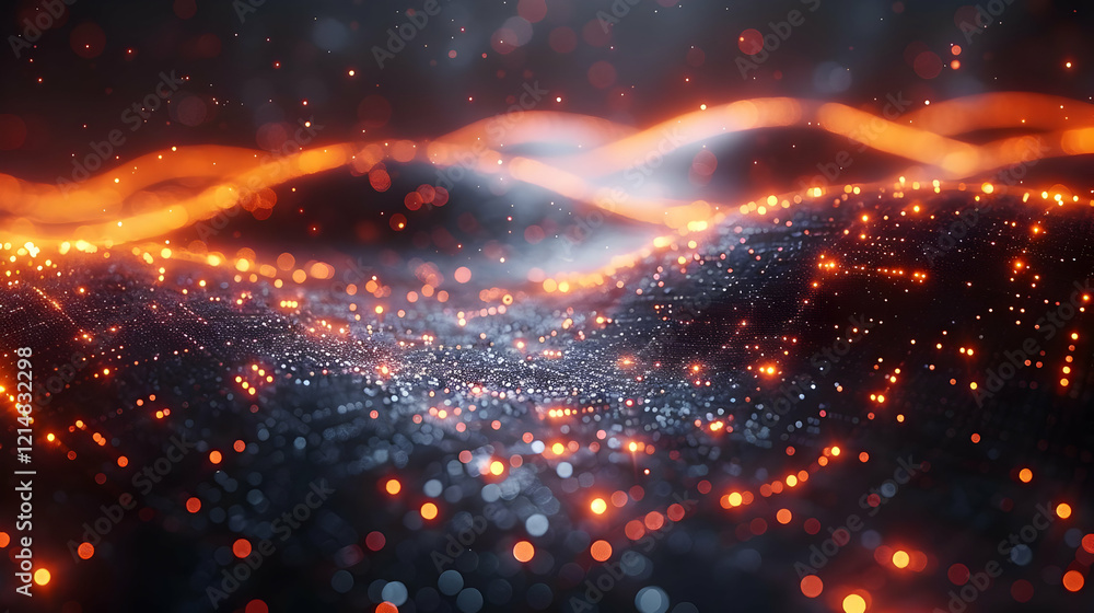 Poster abstract background with glowing particles flowing smoothly and dynamically with bokeh effect.