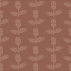 Floral Seamless Pattern. Elegant plants bud with leaves on brown Background. Minimal Design in mocha mousse color pantone 2025 year. Vector illustration. Hand drawing