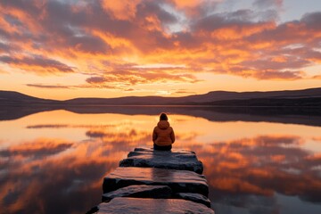 A person sitting alone at the edge of a pier at sunset, their shadow stretching out over the calm but empty water