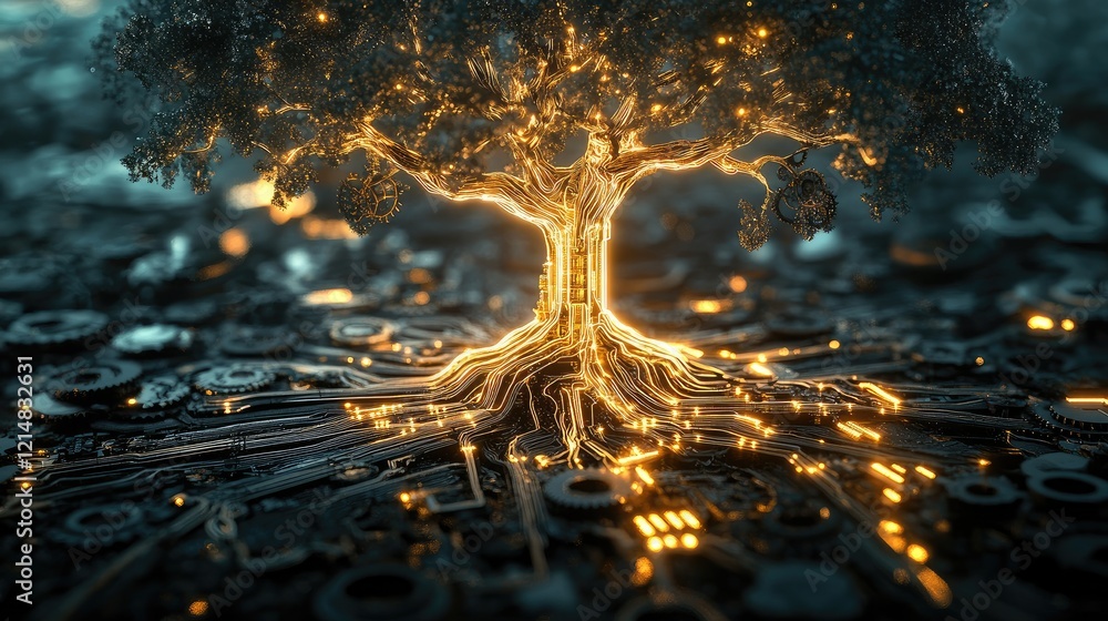 Poster a glowing tree rooted in a blend of gears and circuits, metaphorically showcasing leadership that br