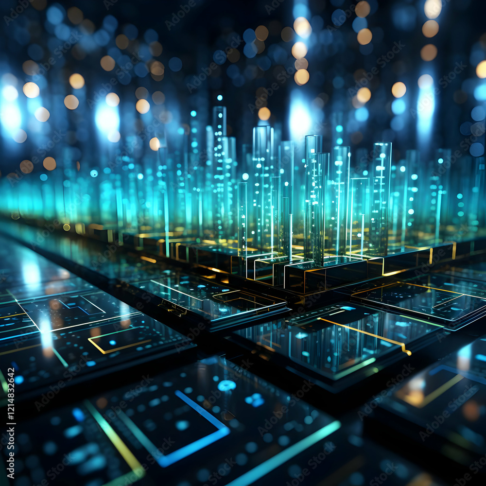 Poster Futuristic Cityscape Illuminates with Glowing Structures and Data Streams Seamlessly Integrated with Advanced Technology