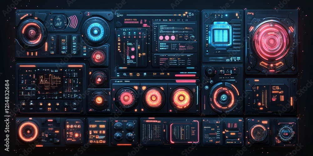 Poster futuristic control panel displays with vibrant colors and intricate designs showcasing complex data 