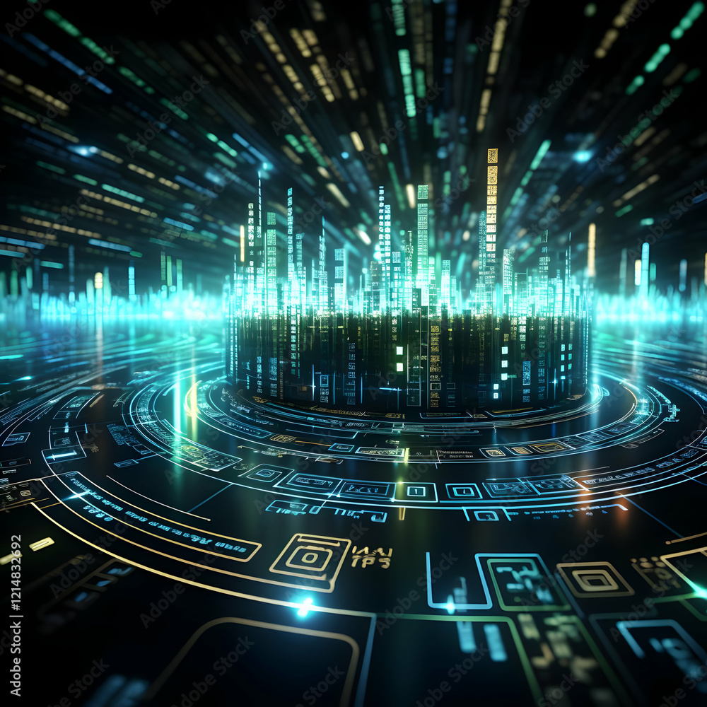 Aufkleber futuristic cityscape data visualization on circular interface