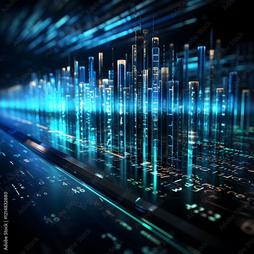 Aufkleber futuristic cityscape visualization displays data analysis with glowing lines and symbols accurately.