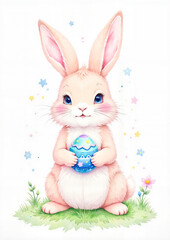 Obraz premium Whimsical bunny holding decorated Easter egg in spring meadow, celebration
