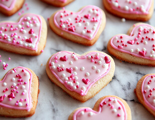 Sweetheart Treats: A heart-shaped cookies decorated with pink frosting and white and pink sprinkles for a special occasion, Valentine's Day or a romantic gesture.
