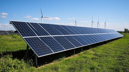 A hybrid energy farm showcasing rows of solar panels and turbines in an expansive green field under a bright, sunny sky.