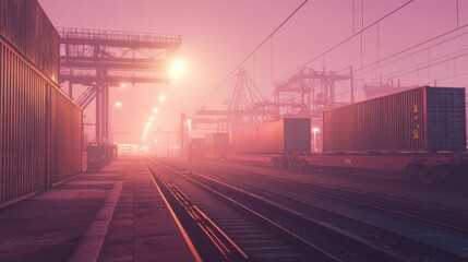 Naklejka premium Industrial Glow: Grungy Train Yard with Bright Station Lights and Silhouetted Freight Containers Cinematic Image