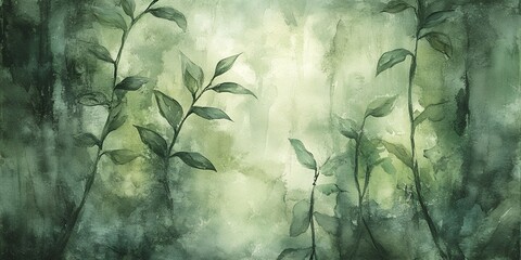 Serene Watercolor Painting of Lush Green Foliage Abstract Nature Art Botanical Illustration