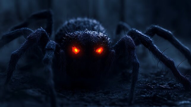 A menacing spider demon creeping in the void with glowing red eyes