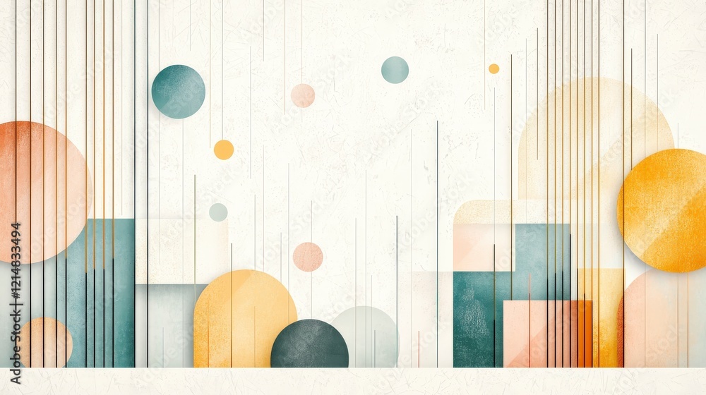 Poster abstract geometric design featuring circular and rectangular shapes in soft pastel colors, creating 