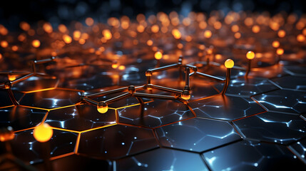 Obraz premium Abstract 3D Illustration of Interconnected Nodes and Hexagonal Structures Beautifully Illuminated
