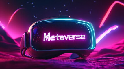 An image of sleek virtual reality glasses, engraved with the word "Metaverse", lying on a textured alien surface, blending themes of technology and interplanetary exploration.