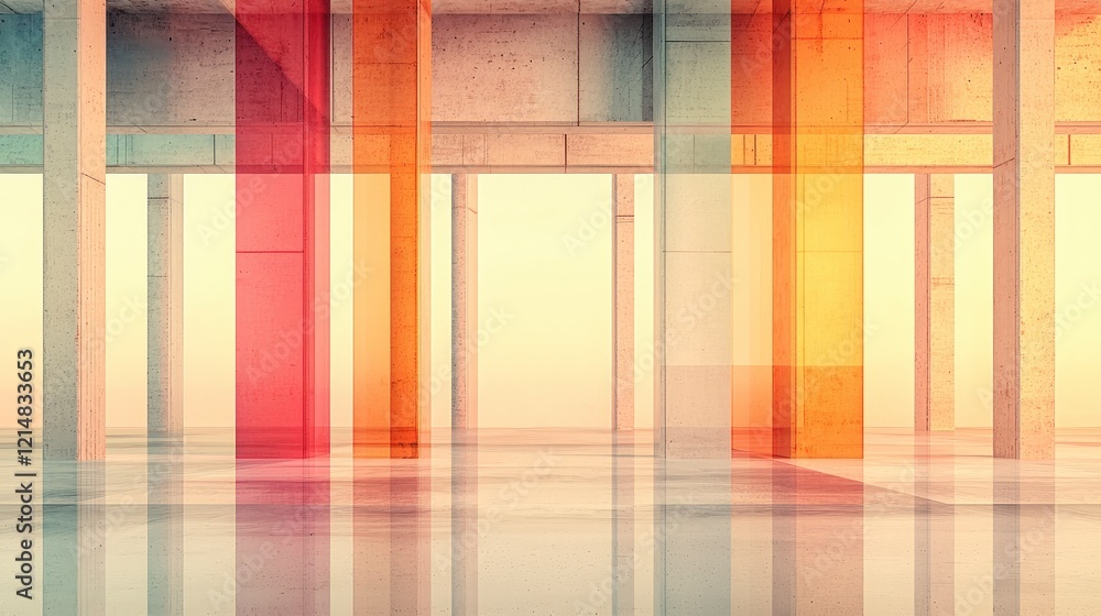 Poster abstract interior of modern architecture featuring colorful vertical panels and reflections, creatin