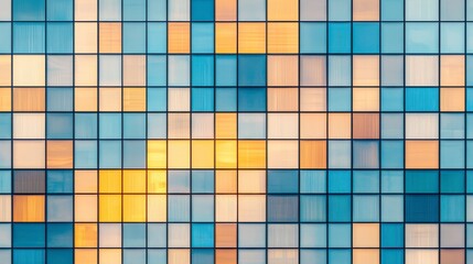 Fototapeta premium Abstract pattern of a colorful glass facade featuring blue, yellow, and beige tiles creating a modern architectural design in urban settings.
