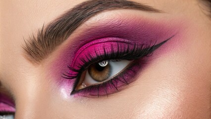 A closeup image showing an eye embellished with a dark yet electric neon magenta eyeshadow. The highlight in the inner corner glistens brightly contrasting beautifully with the