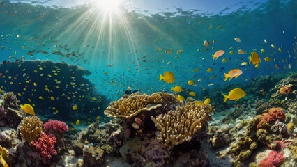 Naklejka premium Sunlit Coral Reef: A vibrant underwater paradise bursts with life. A kaleidoscope of colorful fish swim amidst the intricate coral formations.