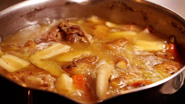 cuisine fran&ccedil;aise avec la cuisson de l&eacute;gumes avec langue de veau, et l&eacute;gumes vari&eacute;s du jardin, dans une grande casserole en inox