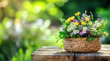 Vibrant flower arrangement in a rustic basket, showcasing colorful blooms and lush greenery, perfect for spring decor or as a centerpiece for garden parties and celebrations outdoors.