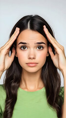 Naklejka premium Young Woman Holds Her Head in Pain Experiencing a Headache or Stress Against White Background