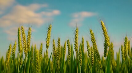 Obraz premium Serene Golden Wheat Field Under Vast Blue Sky at Sunset