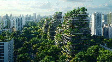 Obraz premium Aerial view of modern, eco-friendly skyscrapers integrated with lush greenery, showcasing innovative architecture that harmonizes with nature.