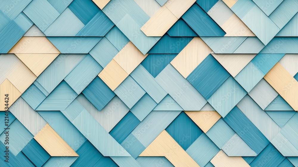 Poster an abstract composition of layered shapes in shades of blue and cream, creating a dynamic and modern
