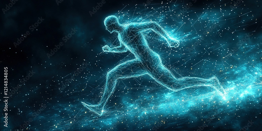 Poster futuristic representation of a runner in a cosmic environment with glowing lines and stars