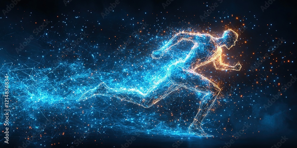 Poster dynamic representation of a runner in a futuristic digital environment showcasing speed and energy